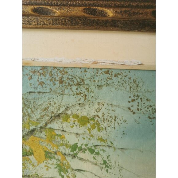 XXL 70s Impasto Oil Painting Mountain Landscape 47.5" Wide Etched Wood Frame - Picture 7 of 10